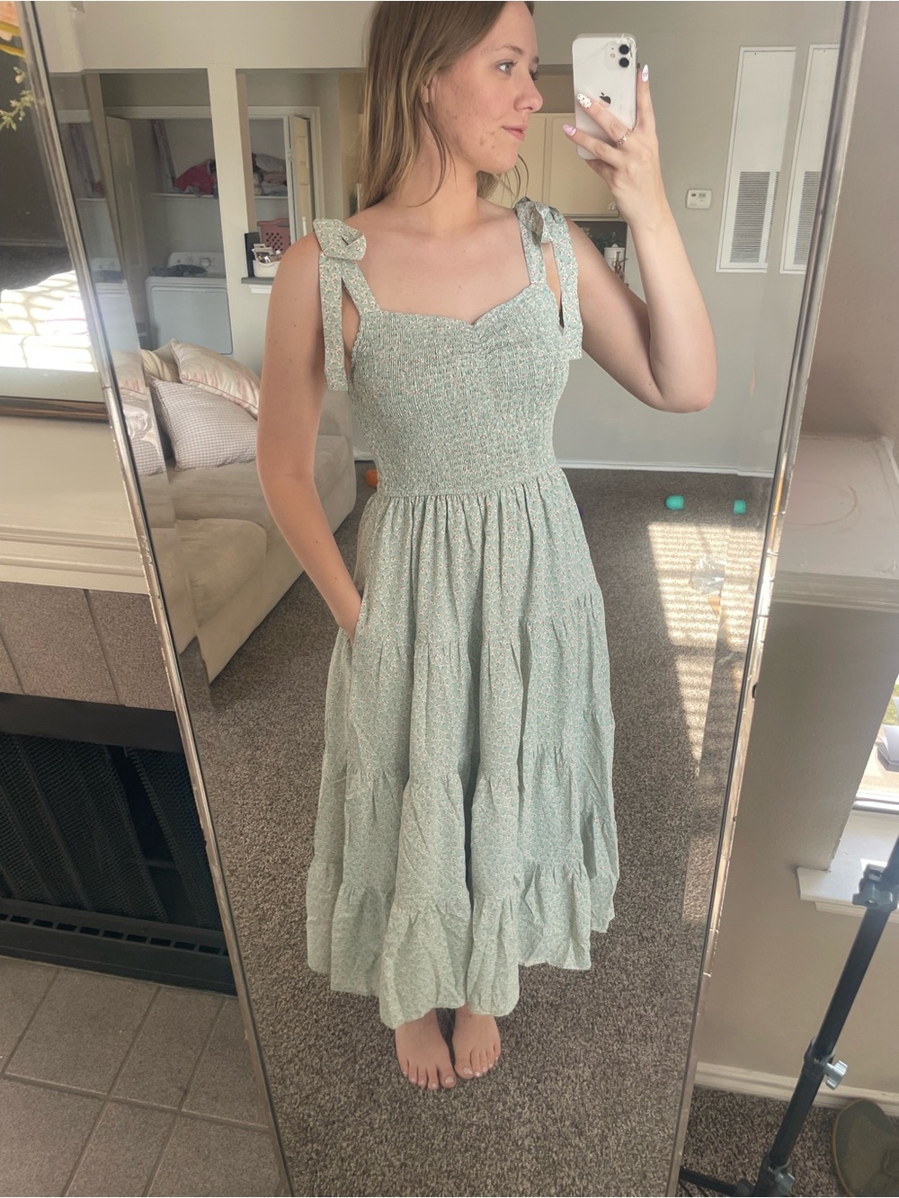 Tie-Shoulder Smocked Midi Dress in Sage Green